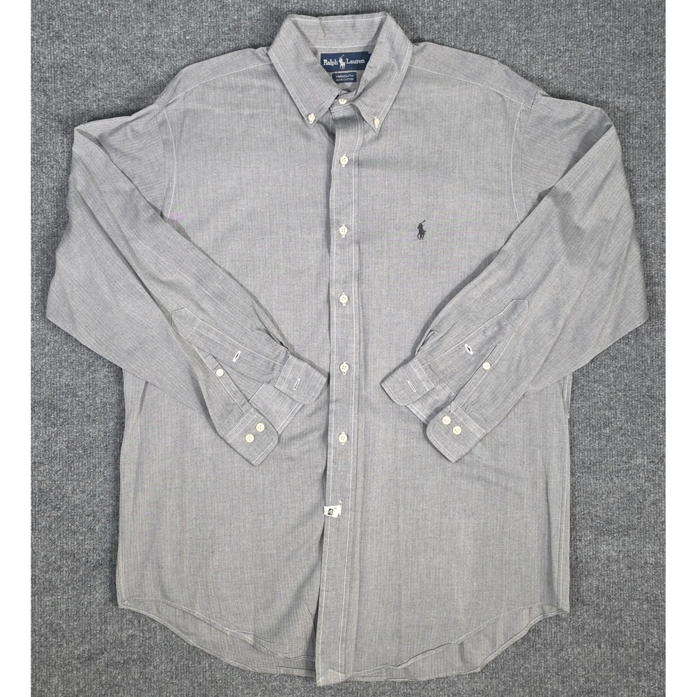 Ralph Lauren Yarmouth Mens 15.5 32/33 Grey Herringbone Cotton Button Down‎ Shirt